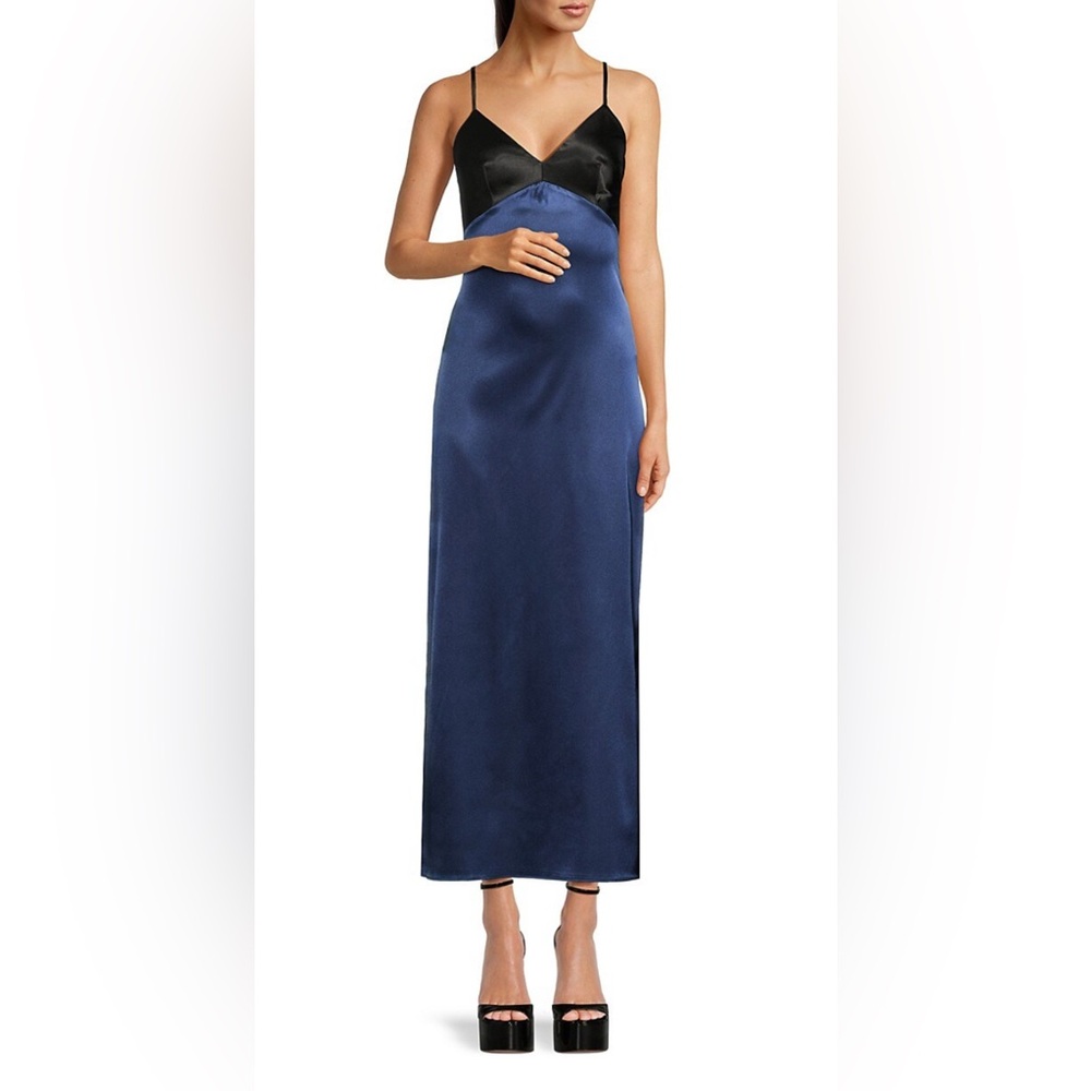 THE FASHION POET Colorblock Side Slit Dress Slip Gown Satin Black Navy Blue XS